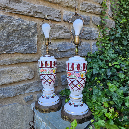 Pair of Vintage Bohemian Czech Cut to Clear Ruby Glass Lamps