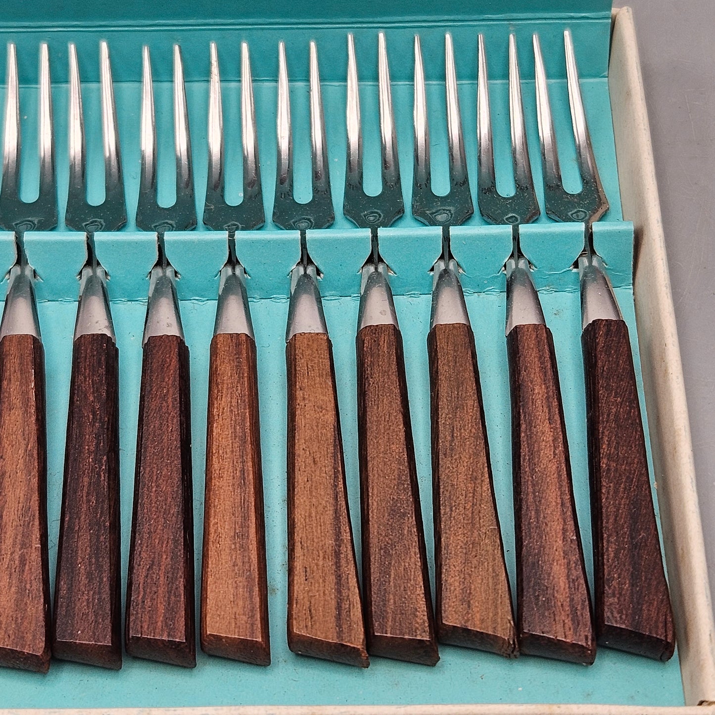 Set of 12 Vintage Teakwood 18-8 Stainless Steel Forks - Made in Japan
