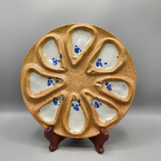 Vintage Glazed Pottery Oyster Plate - Sand and Blue Colors