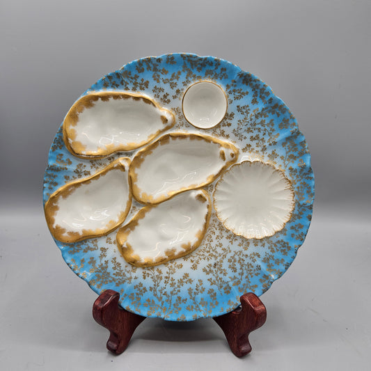 Vintage Hand Painted Haviland Limoges Porcelain Oyster Plate - Blue and Gold (3 Available)