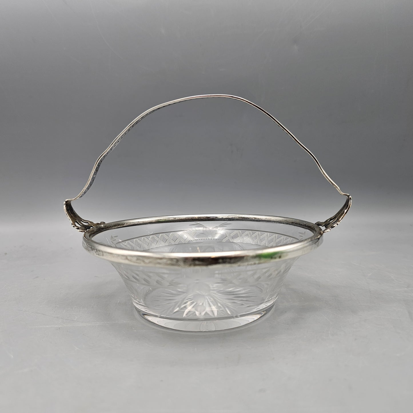 Vintage Etched Glass Basket with Sterling Handle