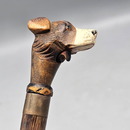 Vintage Mechanical Dog Carved Wood Handle Wooden Cane Glove Holder