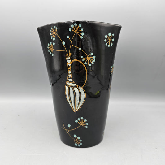 Hand Painted Signed Black Pottery Vase with Flower Design