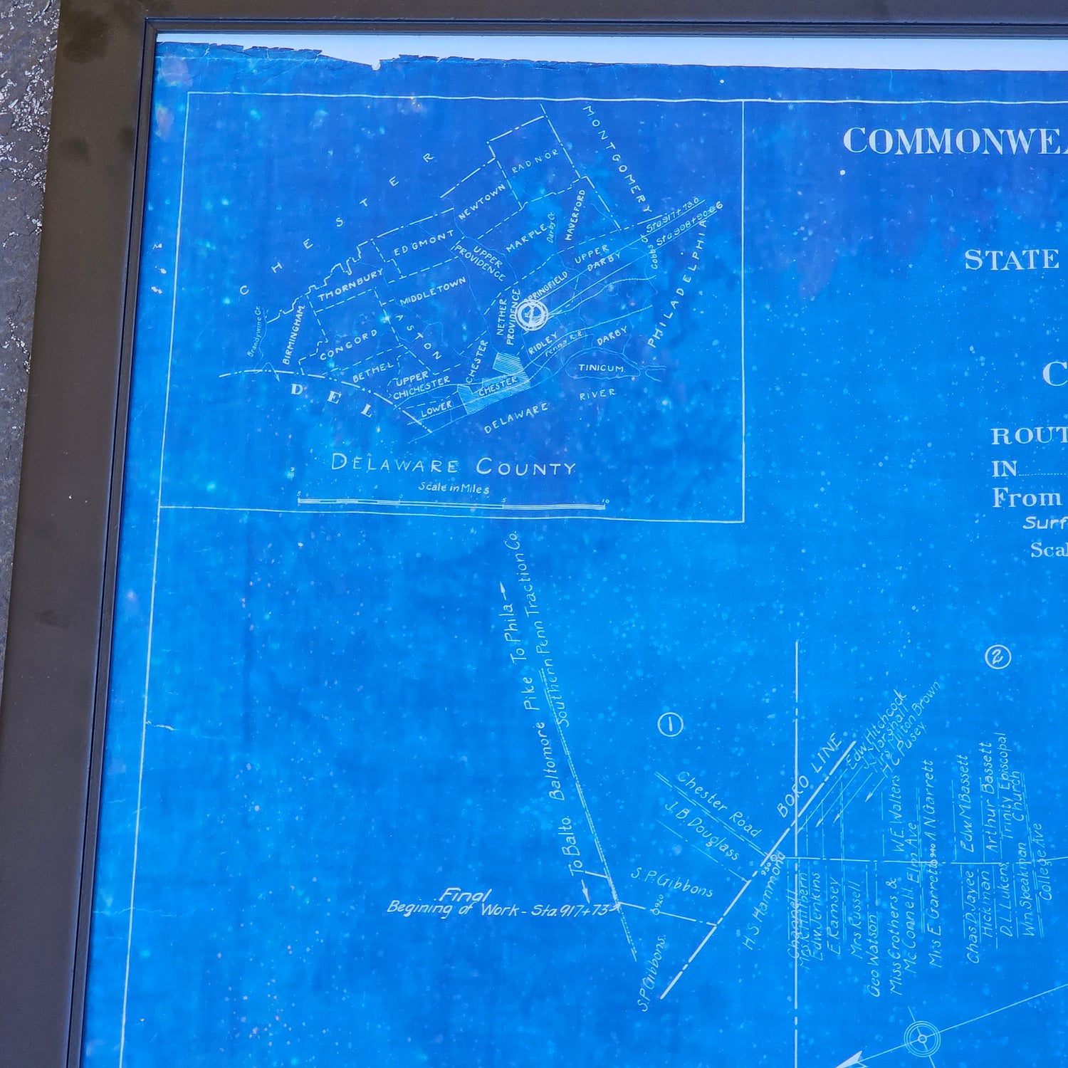 Original Framed Blueprint for Construction of Route 225 Swarthmore Bor