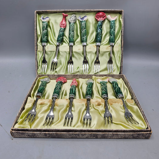 Vintage Set of 12 Seafood Forks in Box with Ceramic Handles