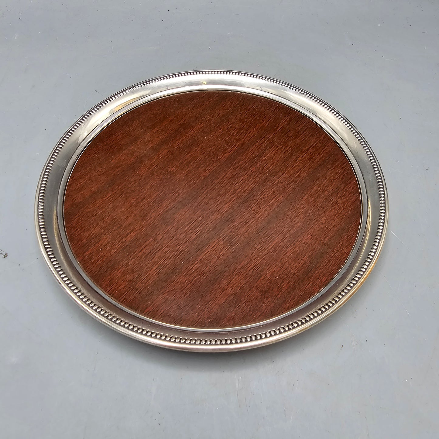 Vintage Sterling Silver Round Server Tray with Laminate Wood Grain Interior