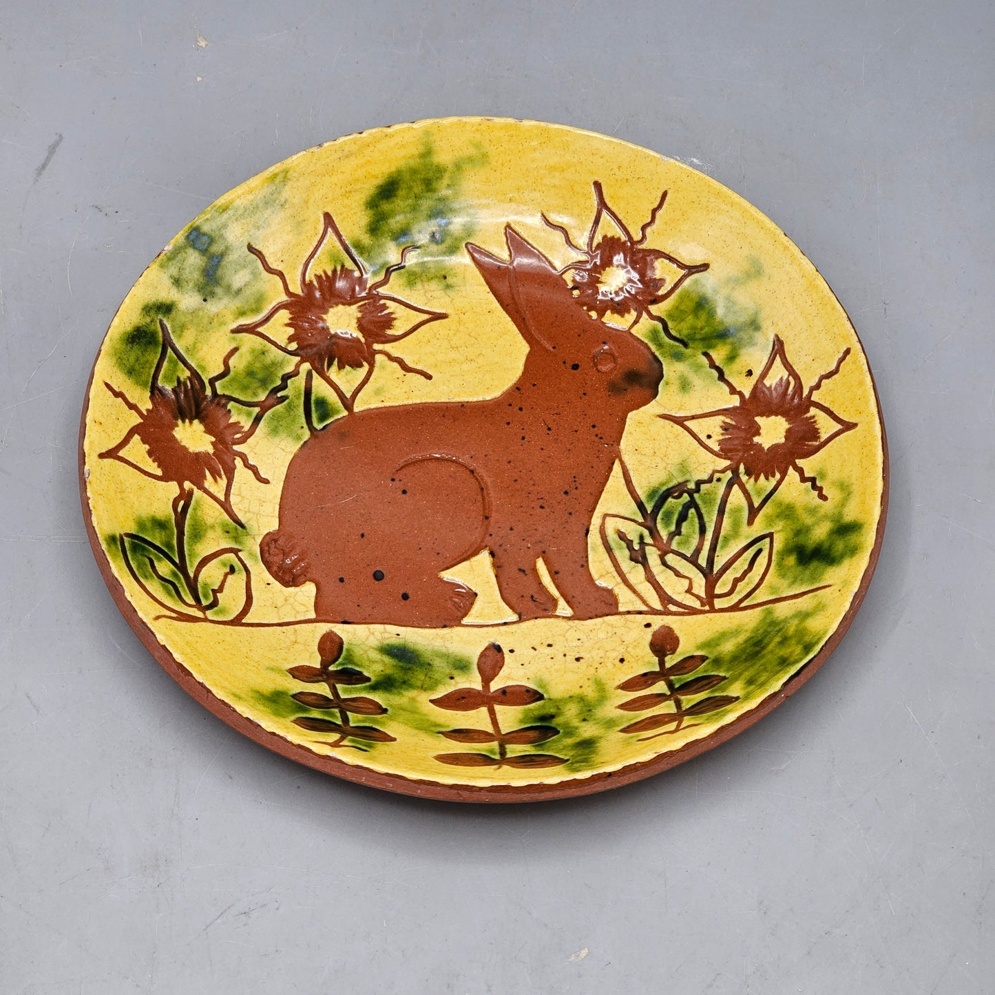 Vintage Breininger Robesonia PA Redware Pottery Plate with Bunny