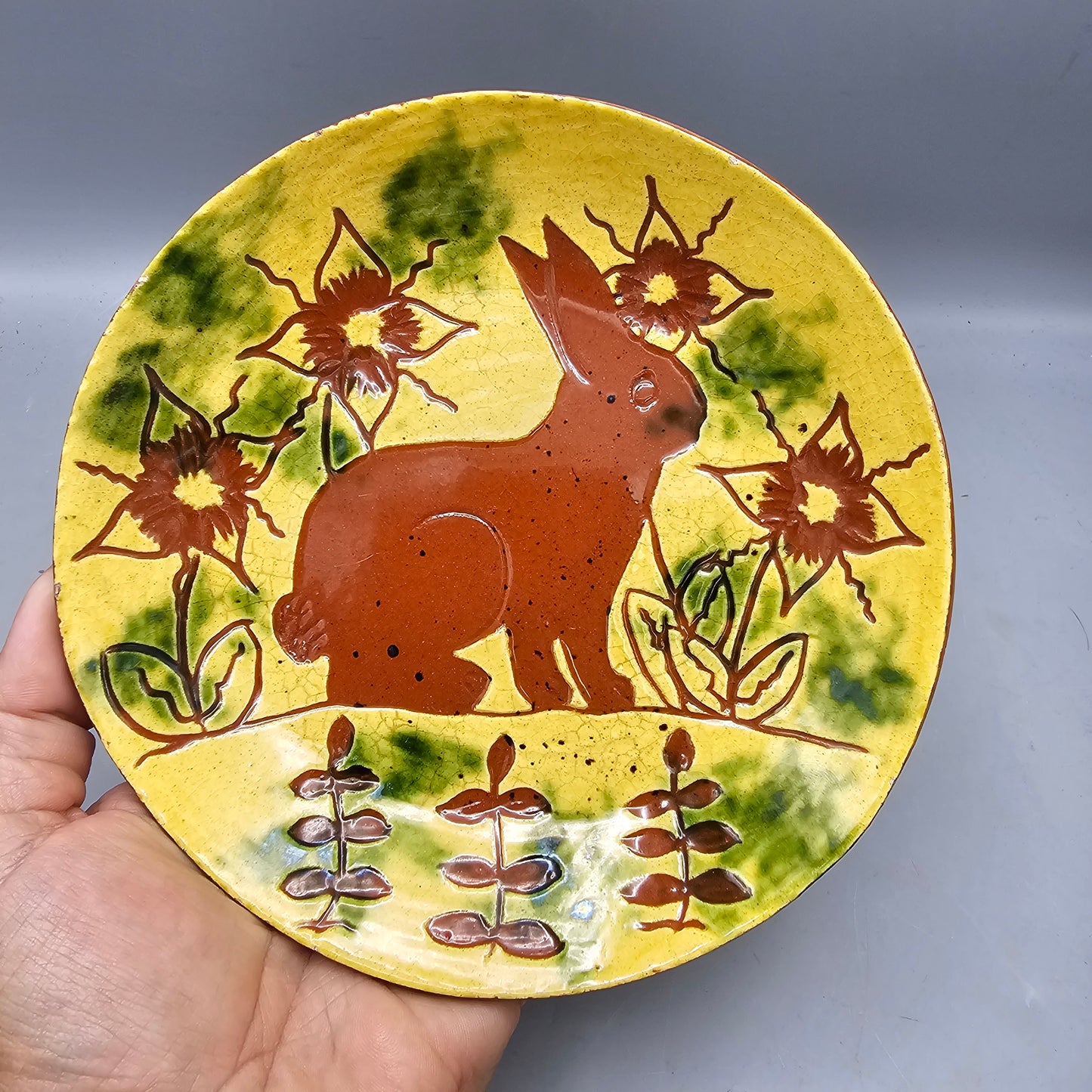 Vintage Breininger Robesonia PA Redware Pottery Plate with Bunny ShopSBH