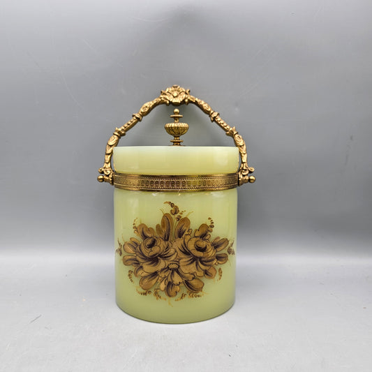 Antique Italian Opaline Glass Biscuit Jar with Bronze Handle in Soft Green