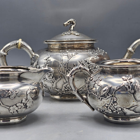 Chinese Export Silver Three Piece Tea Set with Teapot, Creamer and Open Sugar