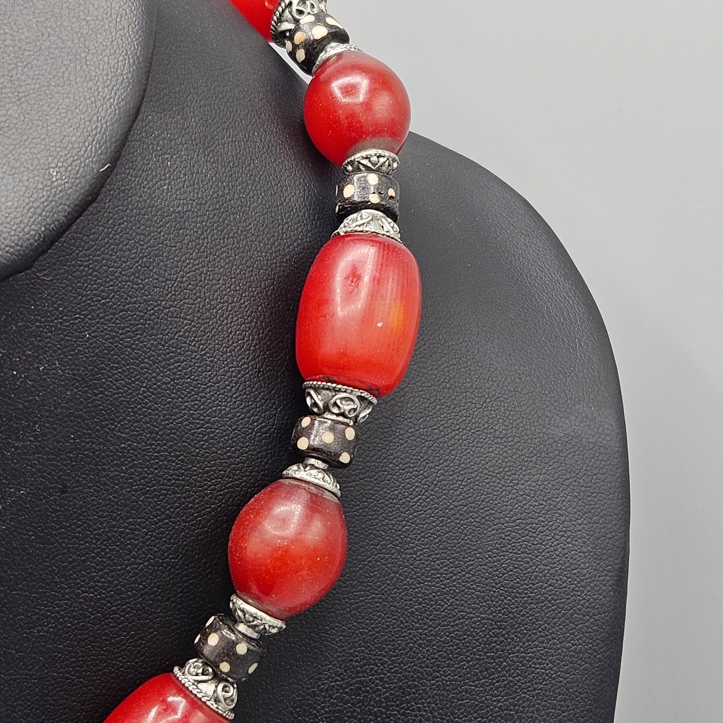 Vintage Red & Silver Necklace with Sterling Pendant