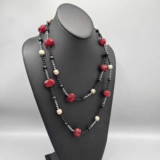 Black, Red & Gray Strand Necklace -24"