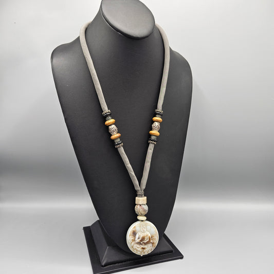 Vintage Carved Jade Pendant Necklace on Silk Cord