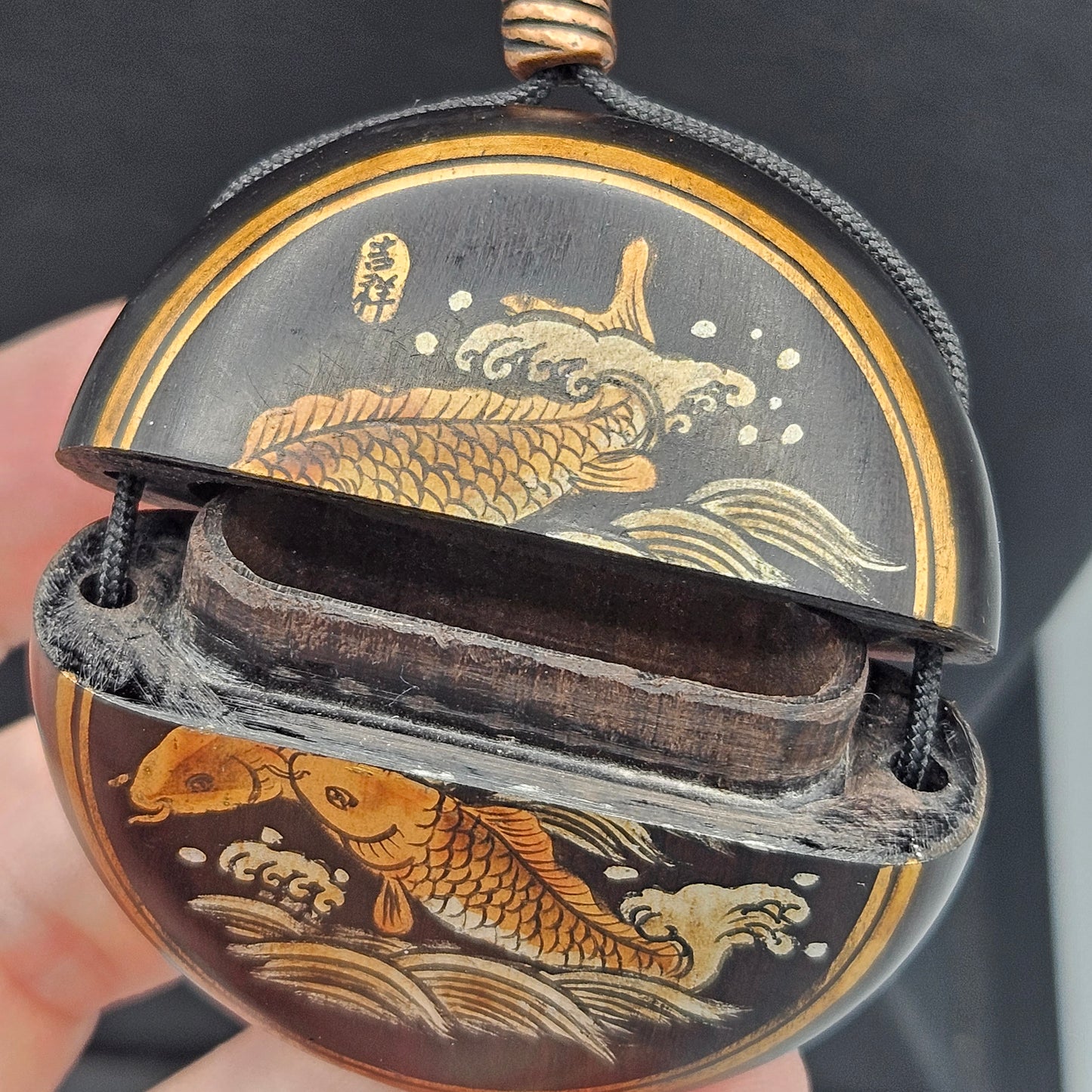 Japanese Handpainted Wood Box Pendant on Silk Cord Necklace