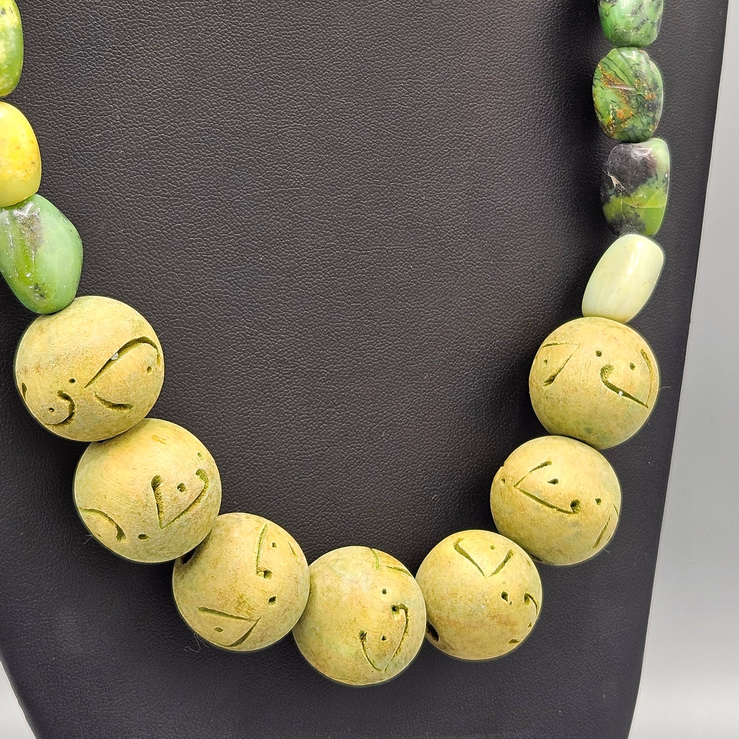 Vintage Green Stone & Wood Beaded Necklace