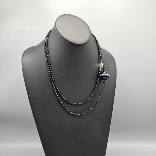 Black Beaded & Crystal Necklace with Sterling Clasp