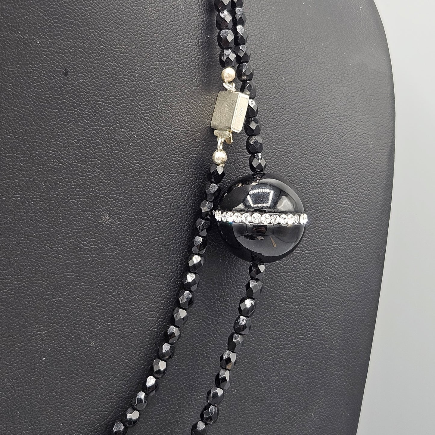 Black Beaded & Crystal Necklace with Sterling Clasp