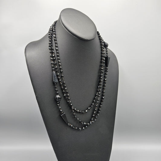 Vintage Black Beaded Necklace with Geometric Accents