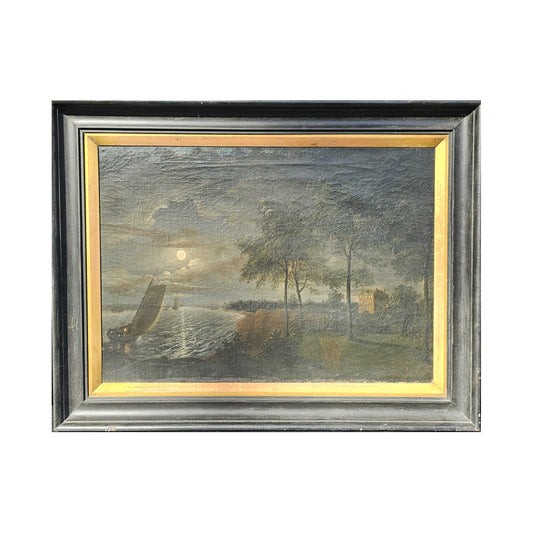 Antique Night Moonscape with Lake Oil Painting on Canvas