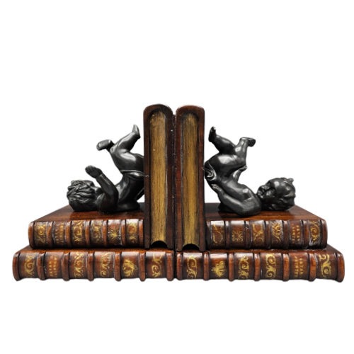 Pair of Theodore Alexander Bronze Children Bookends on Faux Leather Books