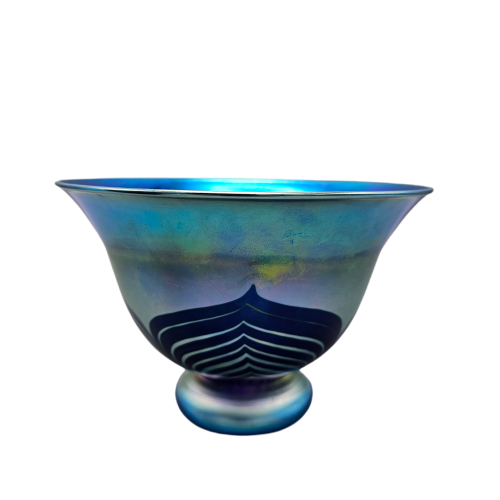 Donald Carlson Pulled Feather Blue Iridescent Art Glass Bowl