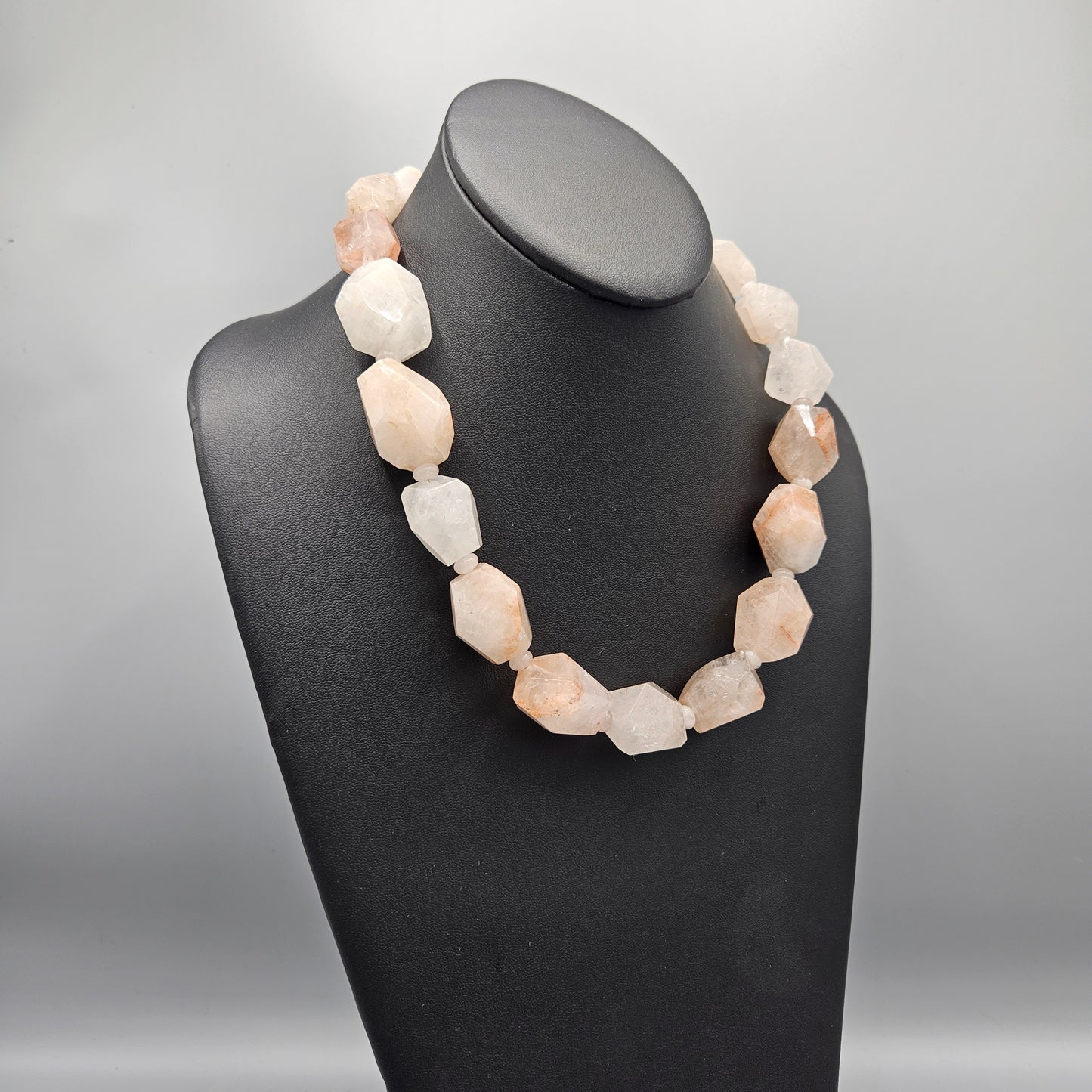 Chunky Rose Quartz Natural Stone Necklace with Sterling Clasp
