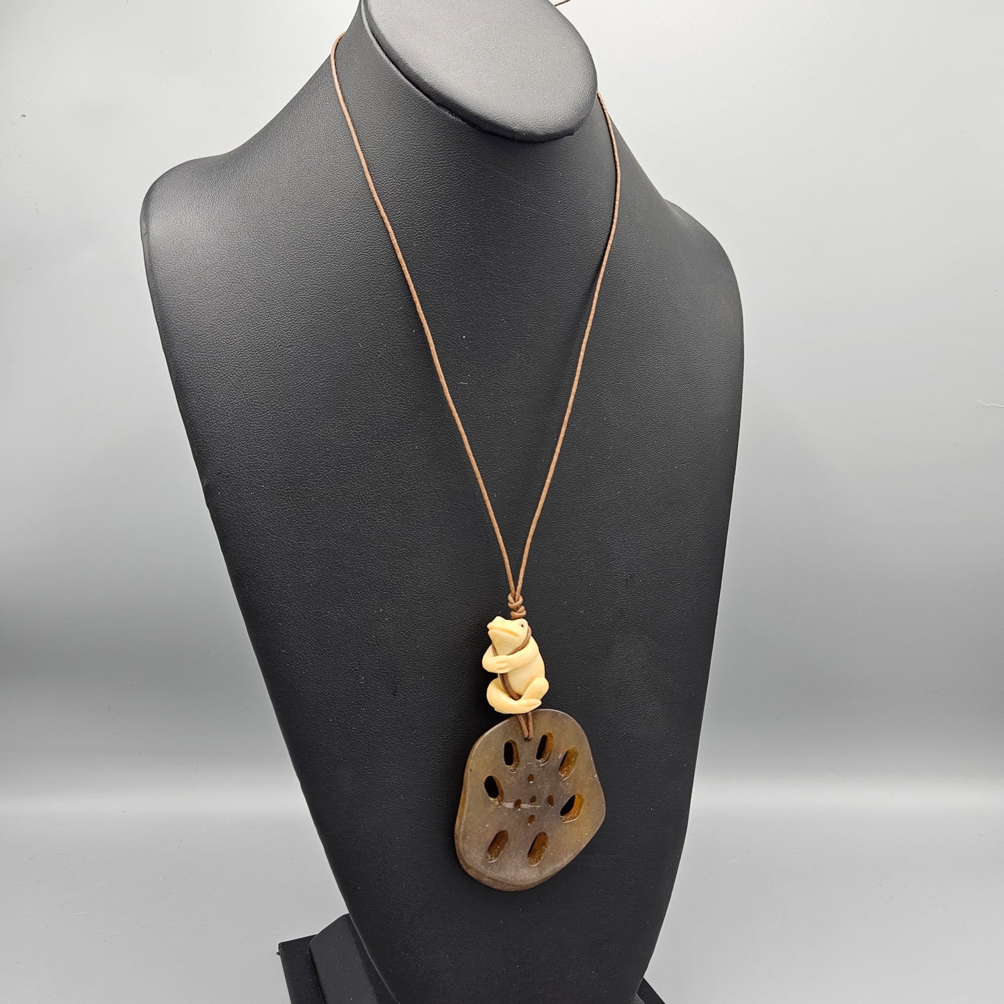 Vintage Carved Frog with Brown Stone Necklace