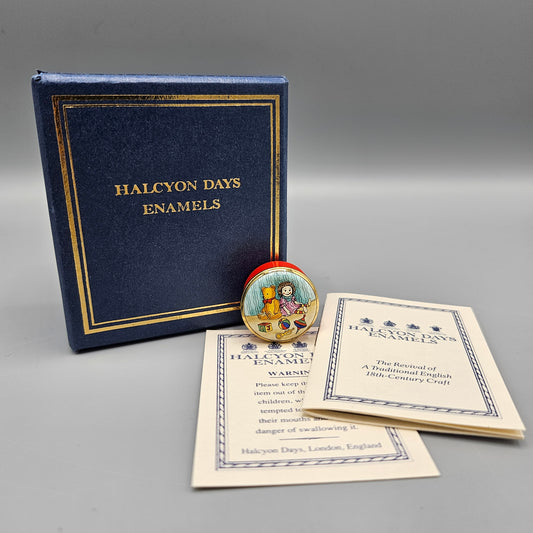 Halcyon Days English Enamel Trinket Box - Teddy Bear and Doll