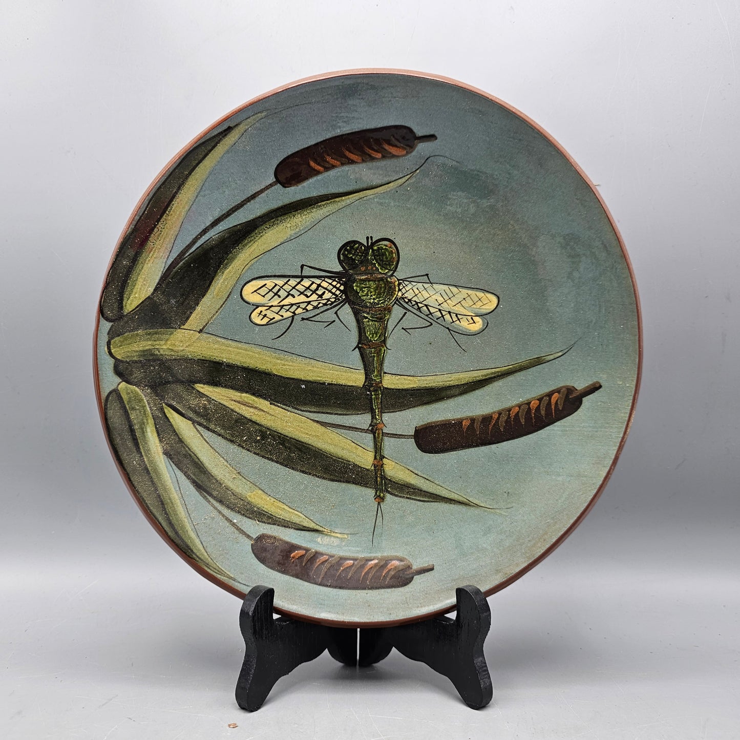 Signed Eldreth Studio Art Pottery Plate with Dragonfly