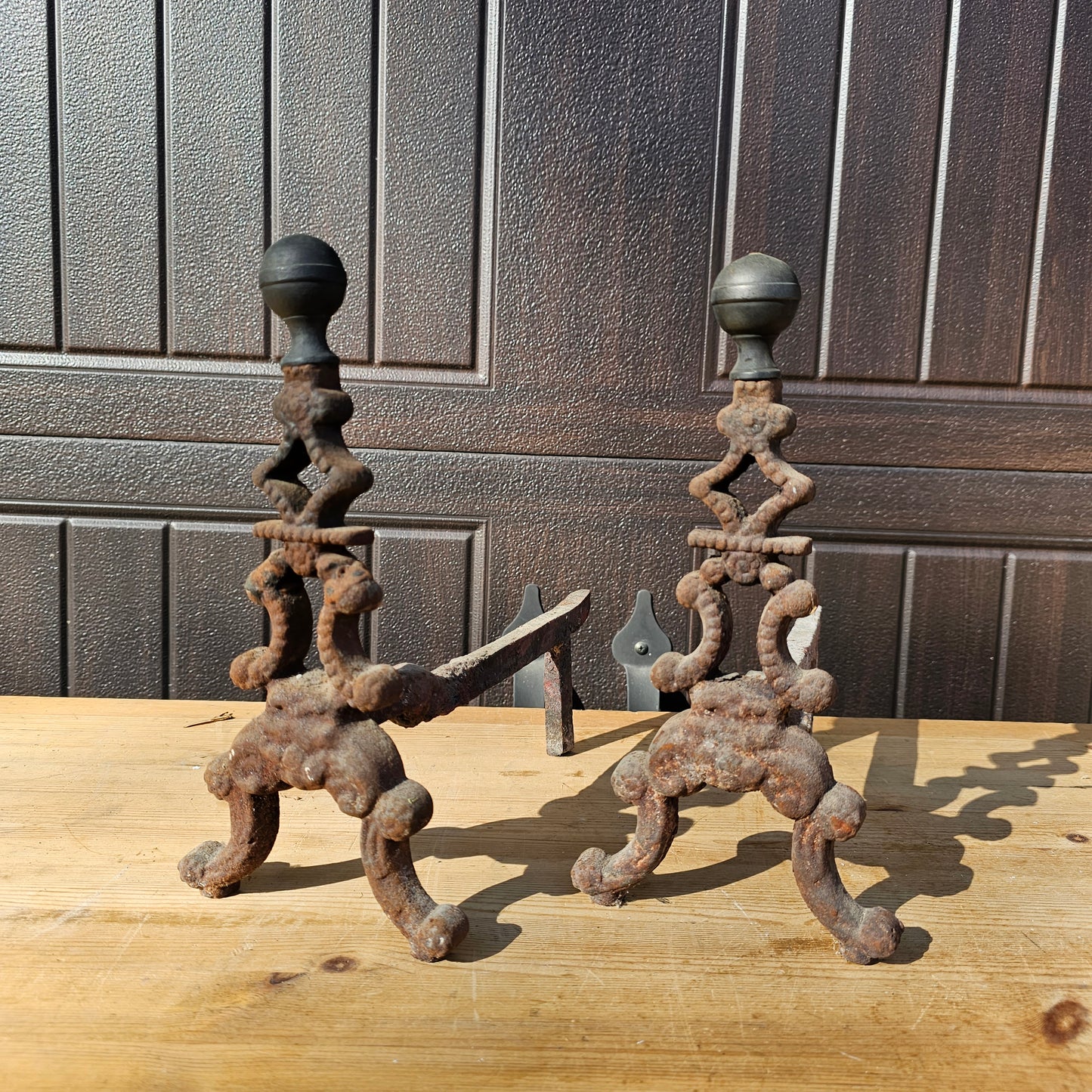 Pair of Vintage Small Cast Iron Andirons with Asian Tower Pagoda Design