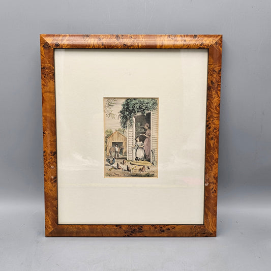 Antique Print of Girl Feeding Chickens