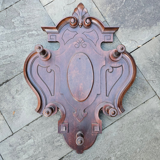 Beautiful Antique Wooden Carved Shield Coat / Hat Rack