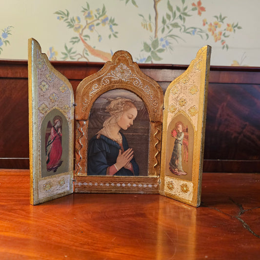Vintage Italian Italy Florentine Gold Tole Wooden Trifold Plaque Angels
