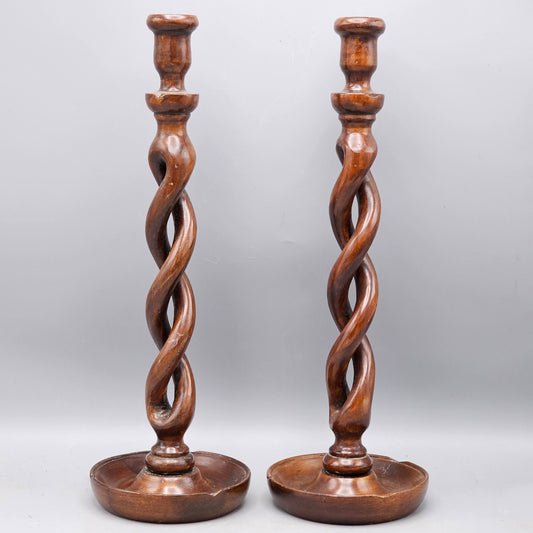 Pair of Antique English Oak Open Barley Twist Candlesticks 16"