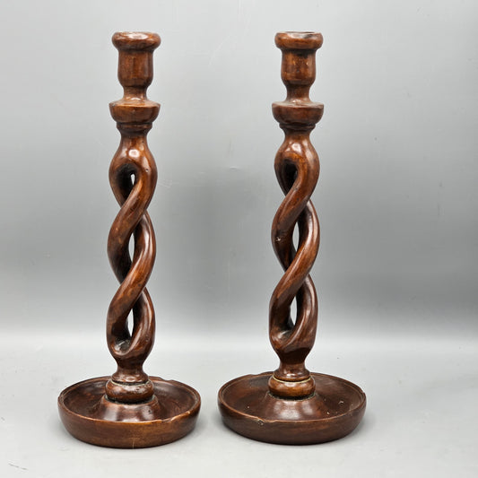 Pair of Antique English Oak Open Barley Twist Candlesticks 13" (2 Pair Available)