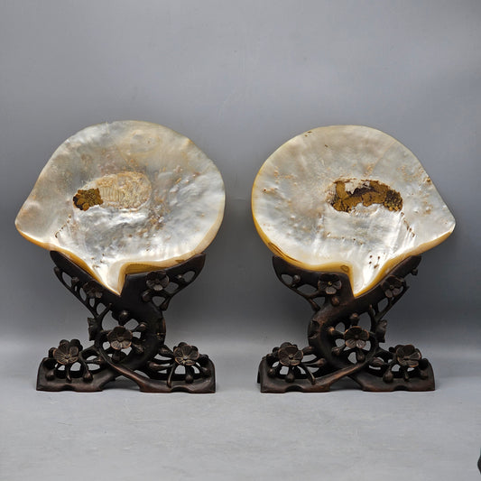 Antique Chinese Shell Table Screen with Hardwood Bases