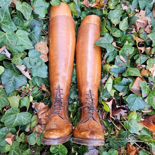 Pair of Vintage Leather Riding Boots with Wood Forms - Home Decor