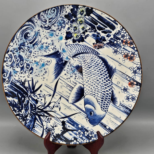 Sun Ceramics Blue Koi Fish Round Platter