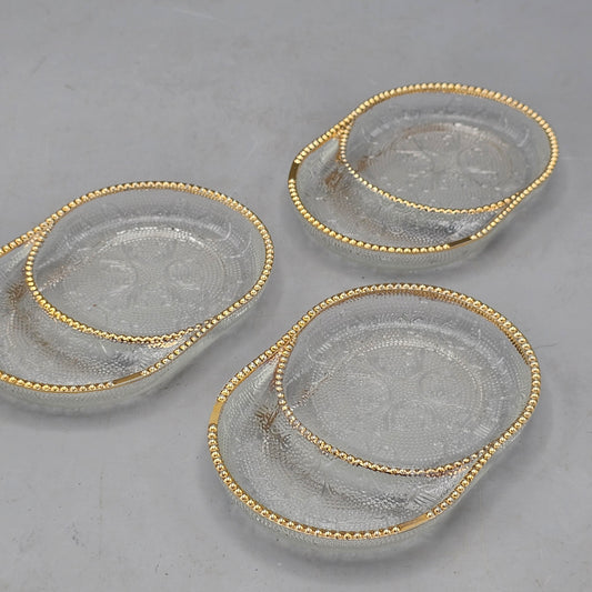 Set of 3 Oval Jeannette Glass Coasters in Harp Pattern with Gold Rimmed Beaded Edge