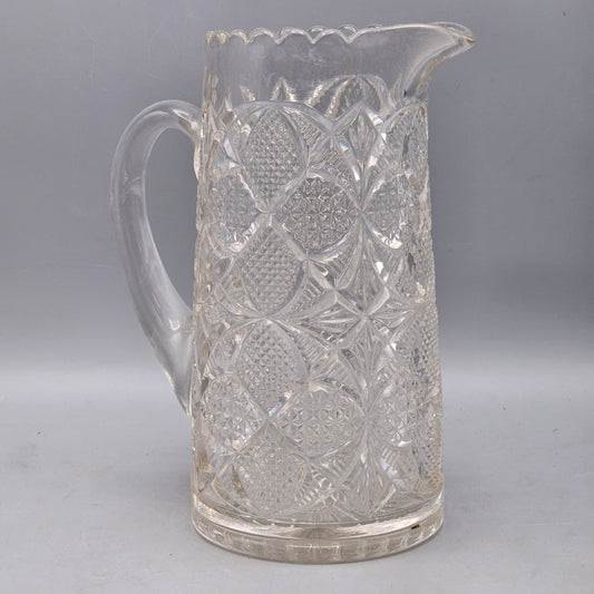 Antique Brilliant Glass Pitcher Attached Clear Handle with Scalloped Top