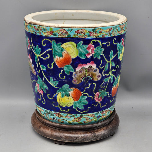Chinese Porcelain Blue Enamel Butterfly Motif Indoor Planter Jardiniere Cache Pot