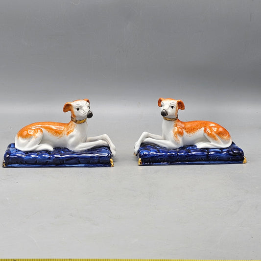 Vintage Pair of Staffordshire Whippets Dogs on Pillows