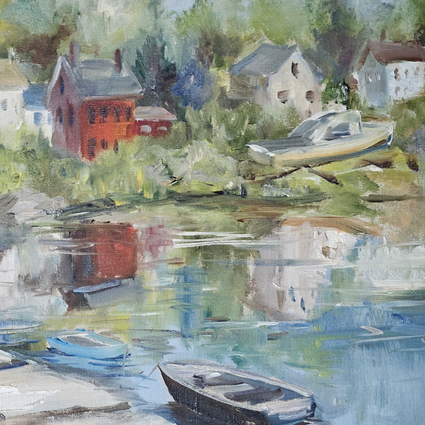 Original Constance Lefley Poulterer (American, 1920-2000) Painting on Canvas of Maine Fishing Village