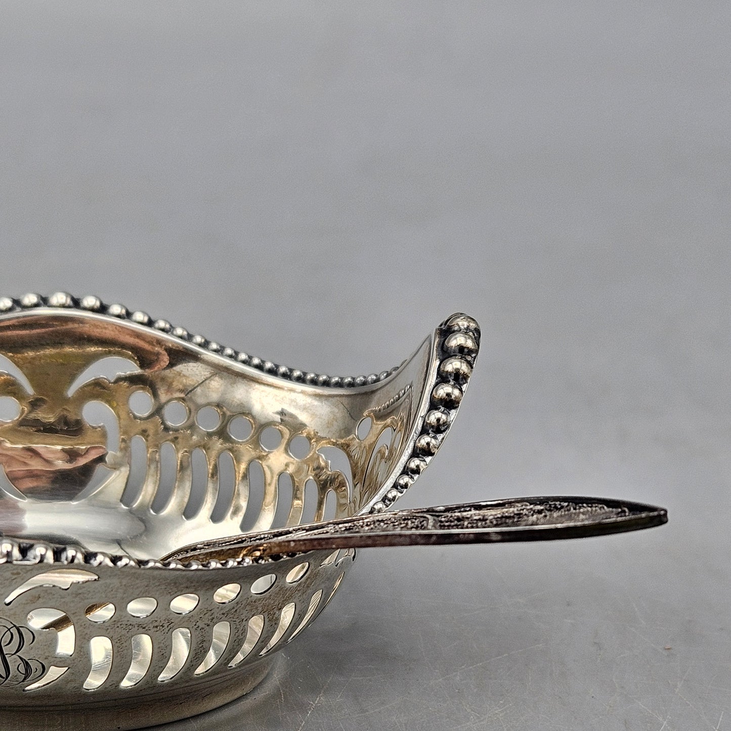 Beautiful Vintage Monogrammed Sterling Silver Open Salt with Spoon by Shreve, Crump & Low Co.