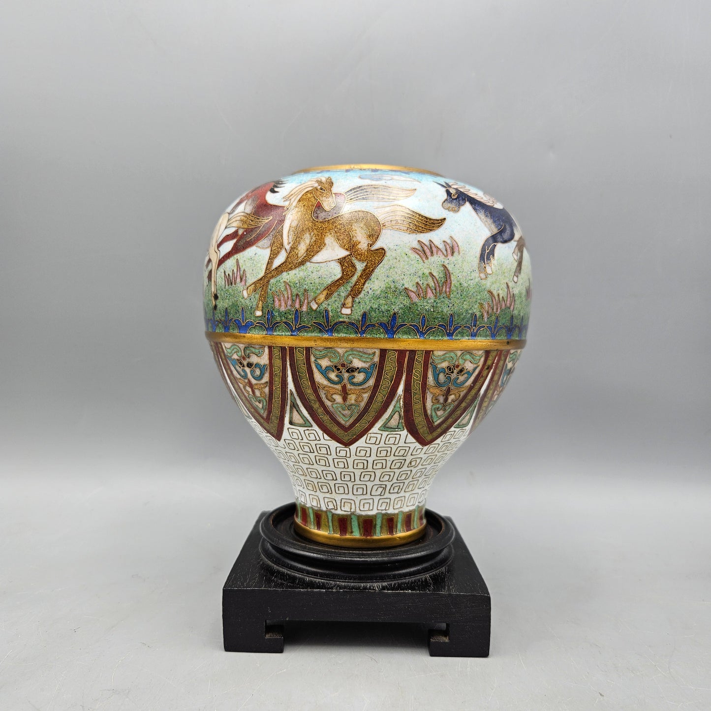 Vintage Asian Cloisonné Vase with Animals & Stand