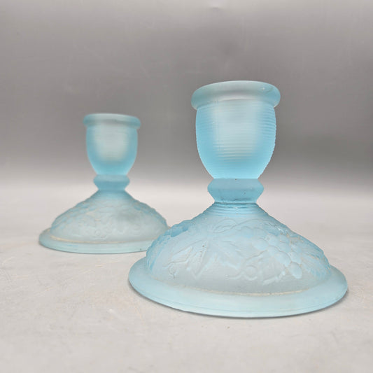Pair of Imperial Glass Blue Satin Grape Pattern Candlestick Holders