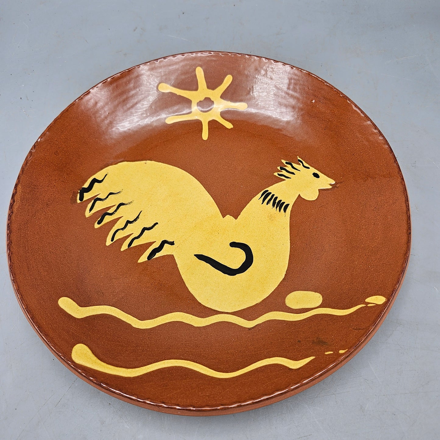 Signed Vintage Breininger Redware Pottery Plate with Rooster