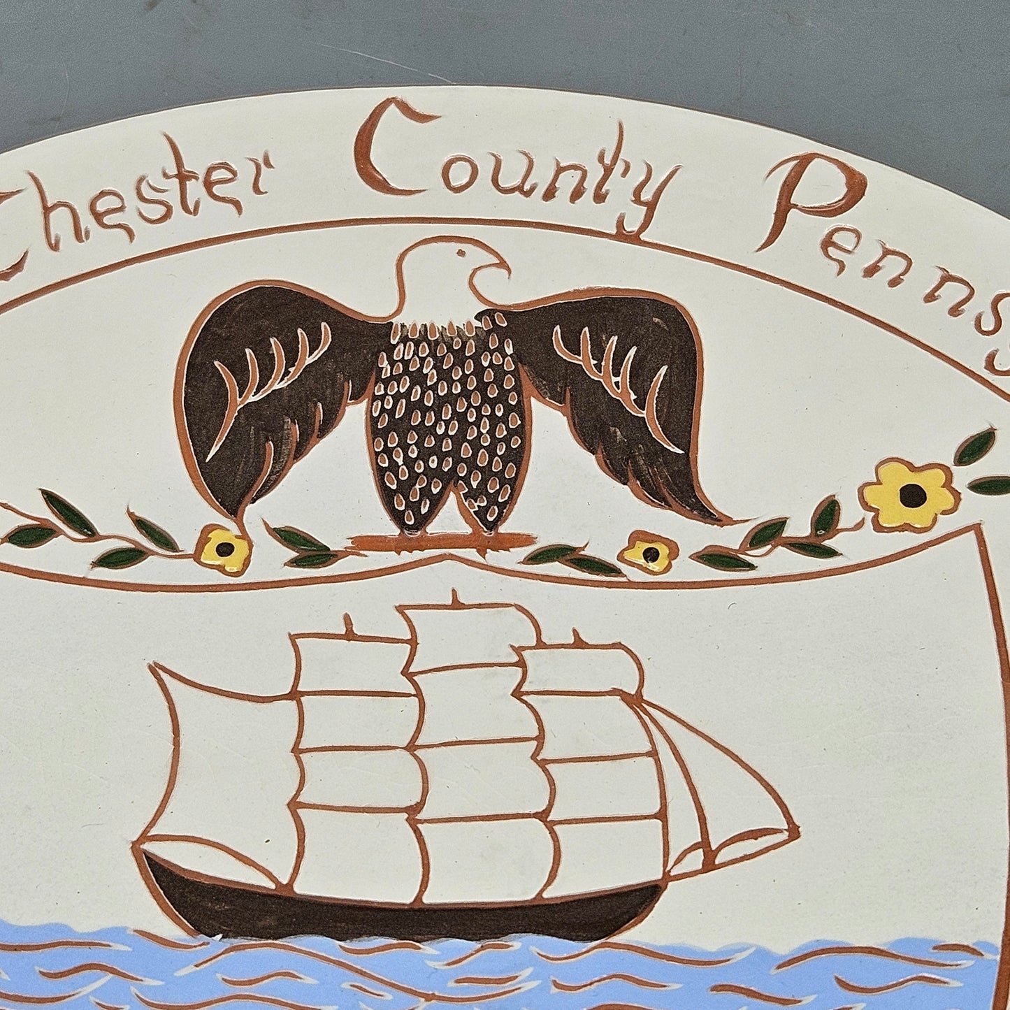 Signed Vintage Seal of Chester County Redware Pottery Plate by M.L. Shelley
