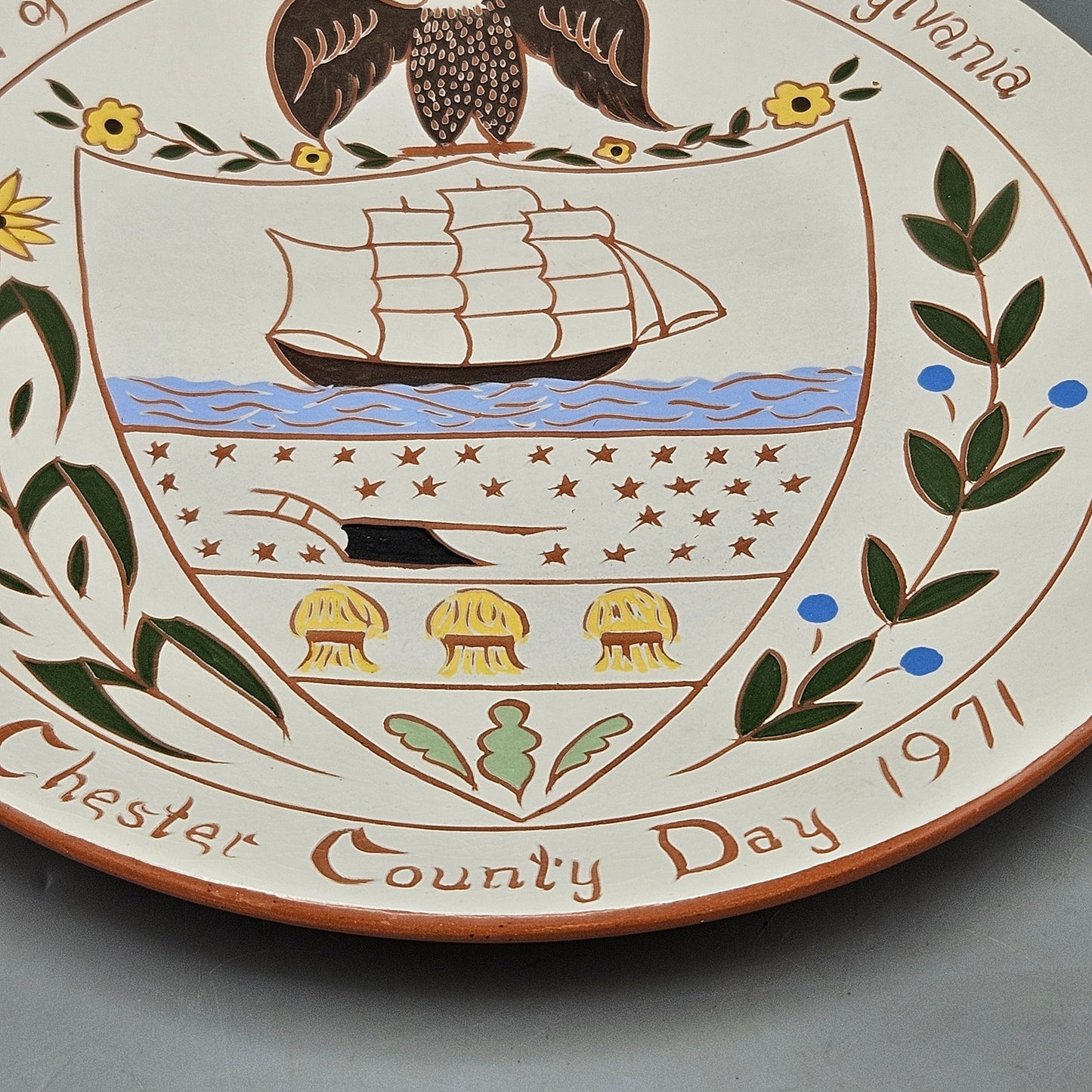 Signed Vintage Seal of Chester County Redware Pottery Plate by M.L. Shelley