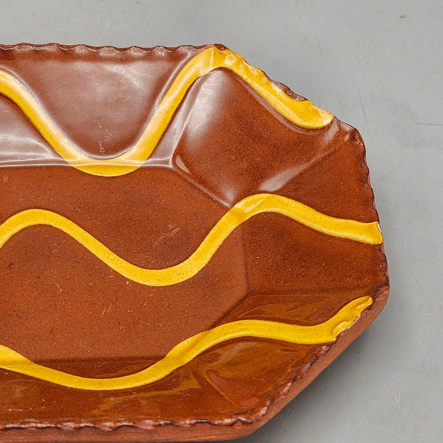 Signed Vintage Redware Pottery Small Plate with Squiggly Lines
